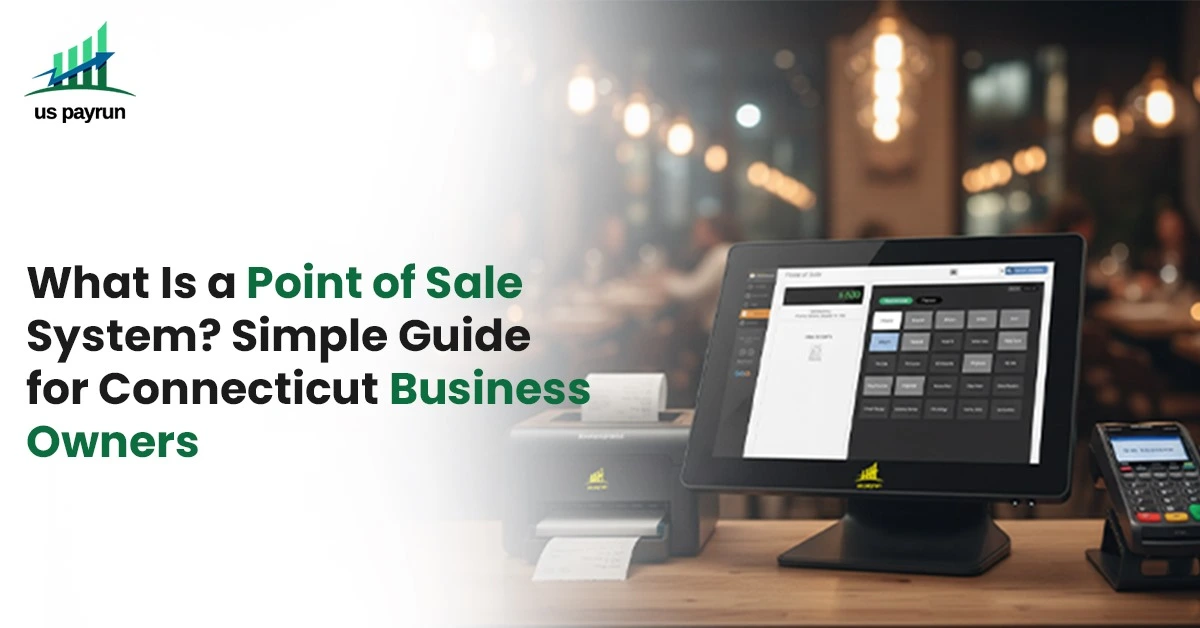 Point of Sale system setup at a restaurant counter showing touchscreen POS terminal, receipt printer, and card reader for Connecticut business owners.