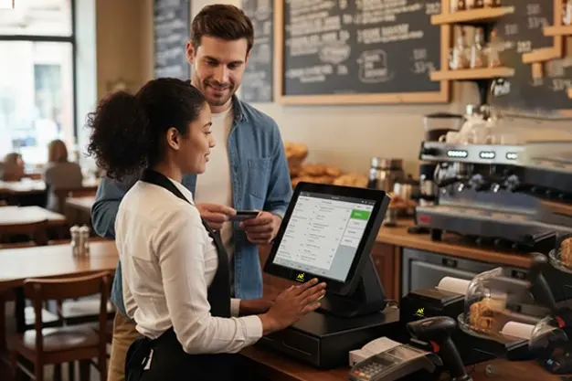 A customer makes a payment at a café counter while the cashier processes the order on a touchscreen register system
