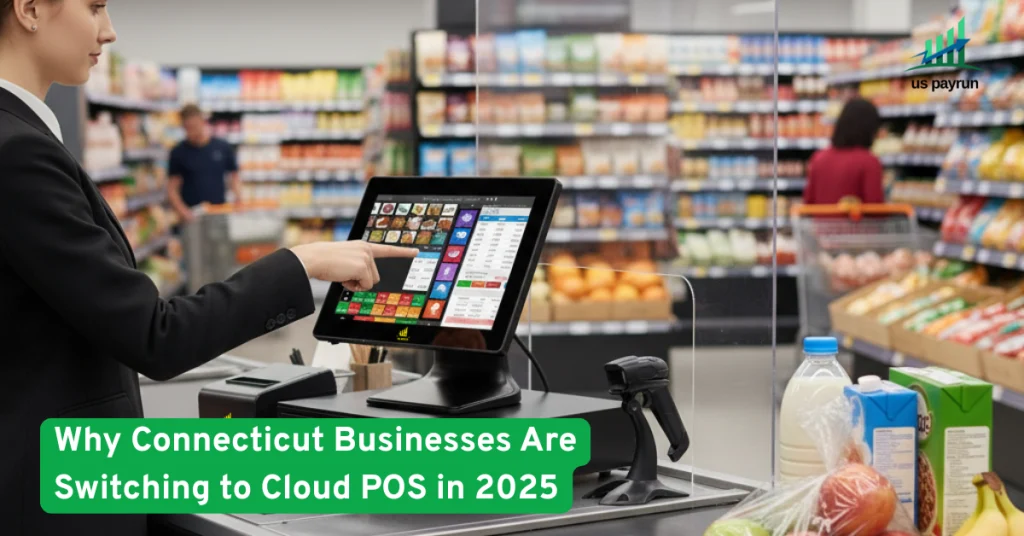 Businesswoman using a modern cloud POS system in a Connecticut grocery store with products and barcode scanner visible.