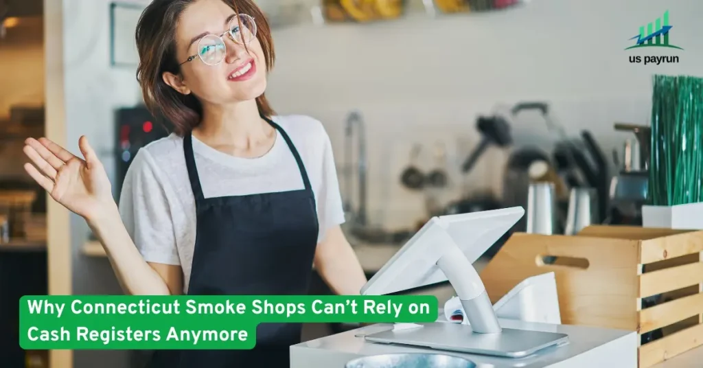 Connecticut smoke shop cashier using a modern POS system instead of a cash register.
