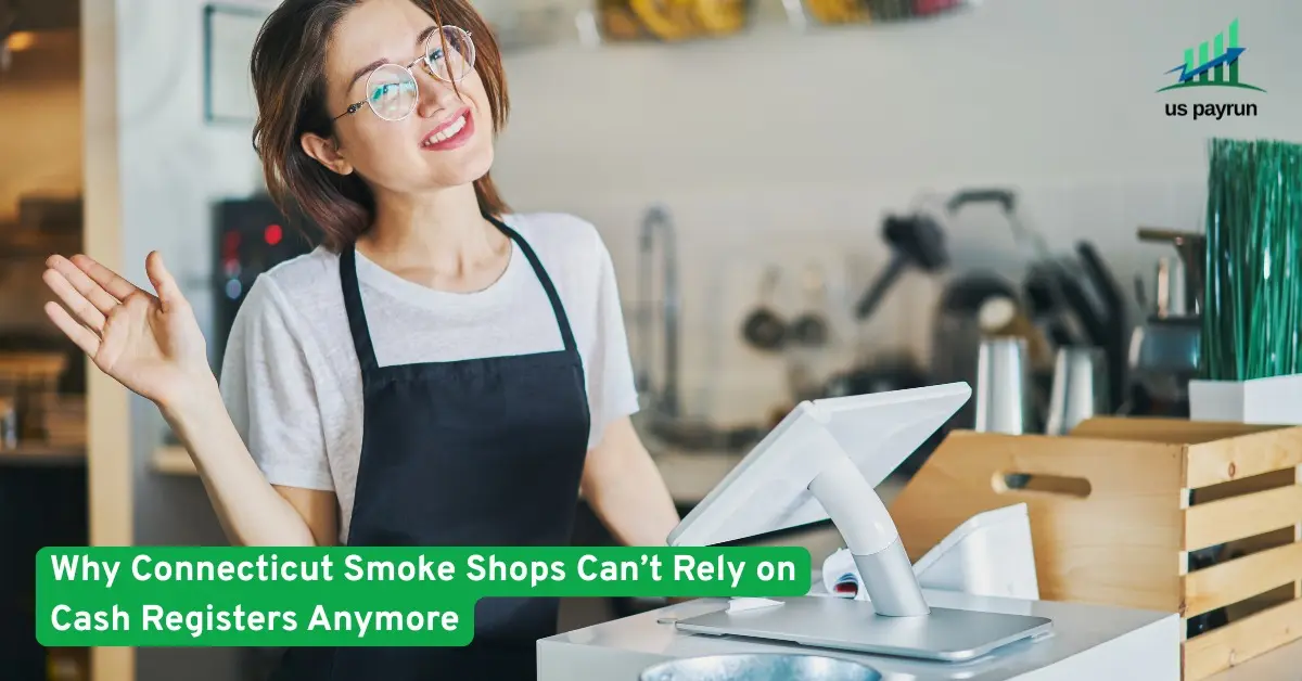 Connecticut smoke shop cashier using a modern POS system instead of a cash register.