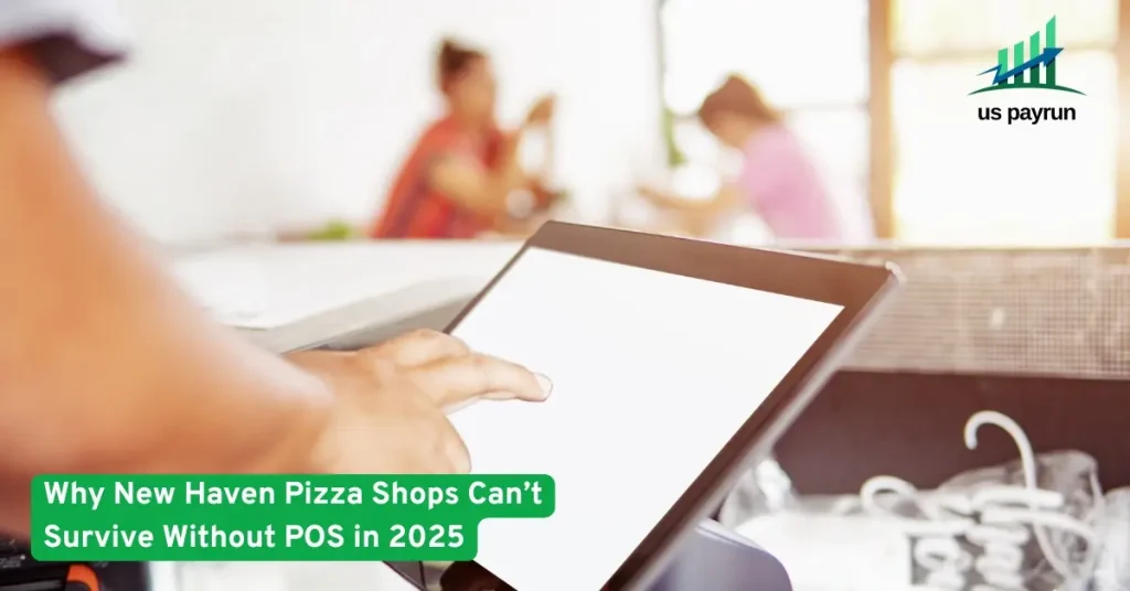 Person using a touchscreen POS system in a pizza shop, showing how digital solutions help restaurants operate efficiently in 2025.