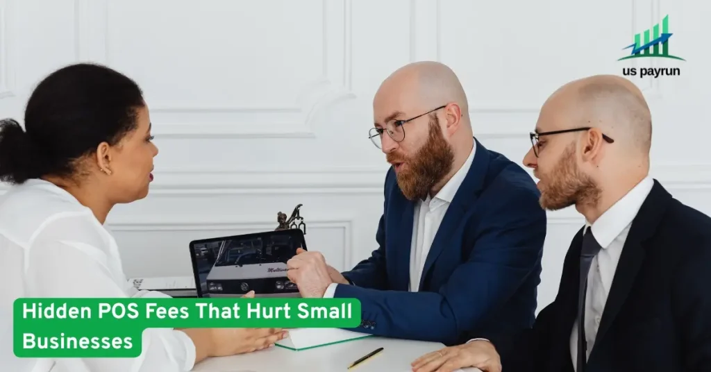 Business owners reviewing POS system costs with consultants, highlighting hidden POS fees that impact small business profitability