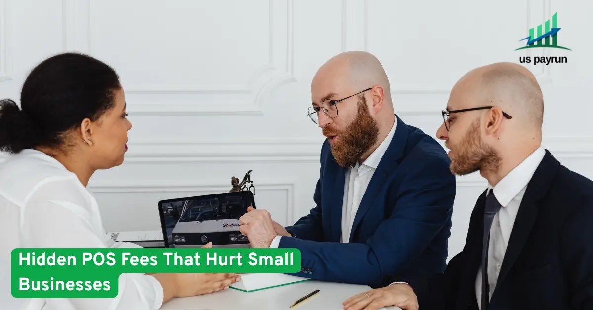Business owners reviewing POS system costs with consultants, highlighting hidden POS fees that impact small business profitability